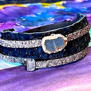 Adjustable leather wrap druzy bracelet with Swarovski Crystals Matana handmade